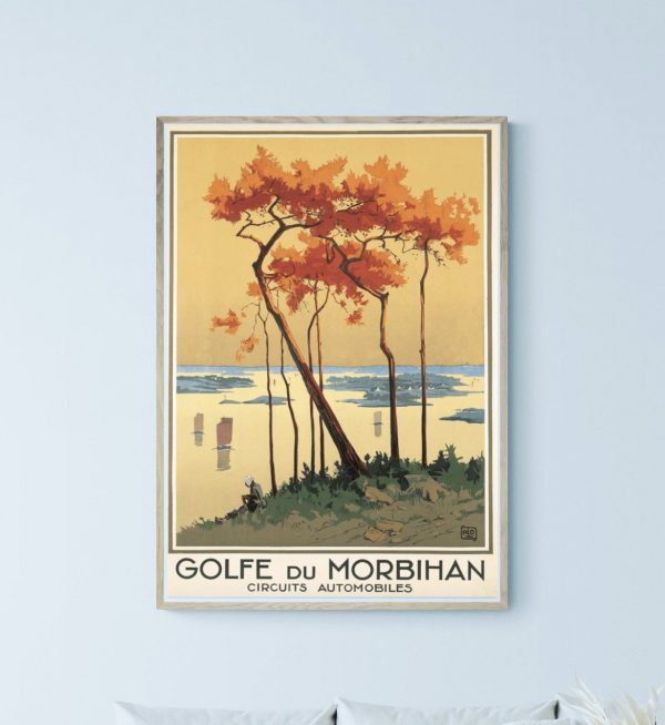 Affiche vintage du lac d'Annecy avec arbres aux couleurs automnales, style rétro, idéale pour décora.