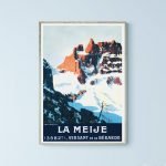 Affiche vintage de la Meije, massif alpin enneigé, paysage de montagne.