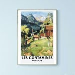 Affiche vintage du lac d'Annecy avec montagnes et villages, style artistique peint à la main.
