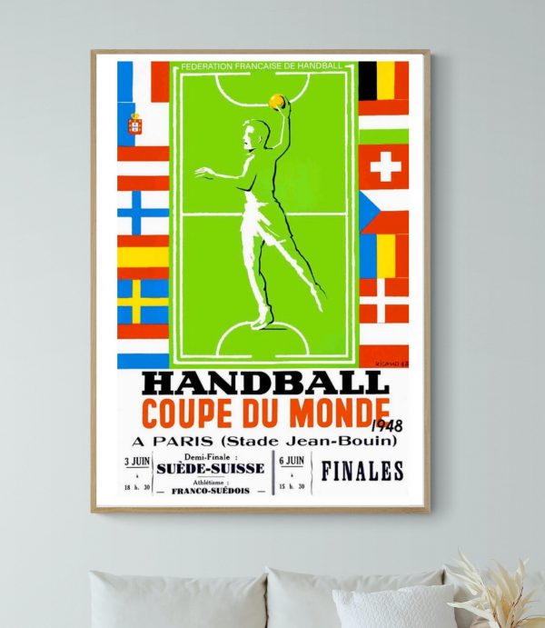Affiche vintage de handball pour la coupe du monde 1948, avec un joueur en action sur fond vert et d.