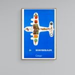 Affiche vintage de Scandinavie par SAS, illustrant un avion cargo coloré sur fond bleu.
