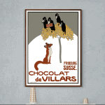 Affiche vintage pour le chocolat Villars, avec des oiseaux et un renard, évoquant l'élégance et la t.