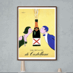 Affiche vintage de champagne Castellane avec un design rétro, mettant en scène un homme et une femme.