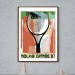 Affiche vintage de Roland Garros 1987 avec design abstrait et couleurs vives.