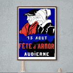Affiche vintage pour la fête d'armoir à Auderne, célébrée le 15 août, avec des personnages en costum.