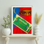 Affiche vintage d'une femme voilée rouge avec un masque, style artistique coloré.