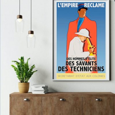Affiche vintage avec un scientifique utilisant un microscope, style rétro et couleurs vives.