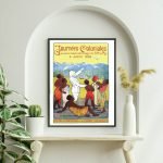 Affiche vintage coloniale avec enfants et scène historique, encadrée dans un décor moderne.