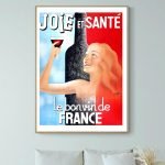 Affiche vintage "Joie et Santé" avec femme et verre de vin, style rétro.
