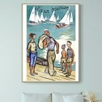 Affiche vintage représentant des touristes au bord du lac à Echternach, Luxembourg, avec voiliers en.