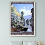 Affiche vintage représentant la vallée d'Echternach au Luxembourg, avec un paysage de rivière et mon.