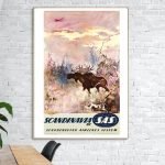 Affiche vintage de Scandinavie par SAS, illustration artistique d'un paysage sauvage avec un cerf et.