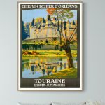 Affiche vintage du Château de la Loire avec rivière et arbres.