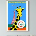 Affiche vintage de l'aéroport de Cameroun avec girafe et avion.