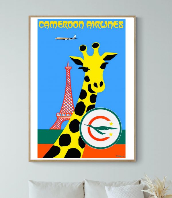 Affiche vintage de l'aéroport de Cameroun avec girafe et avion.