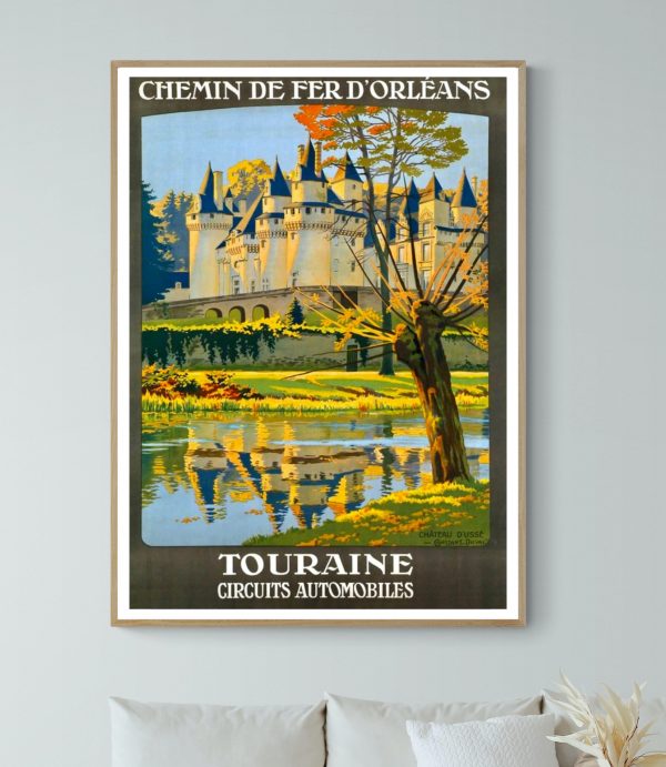 Affiche vintage du Château de la Loire avec rivière et arbres.