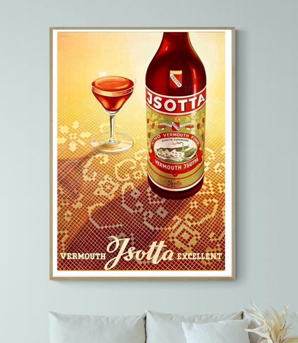 Affiche vintage de vermouth Jotta avec verre à cocktail rouge.