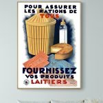 Affiche vintage sur la distribution de produits laitiers pour assurer les rations de tous.