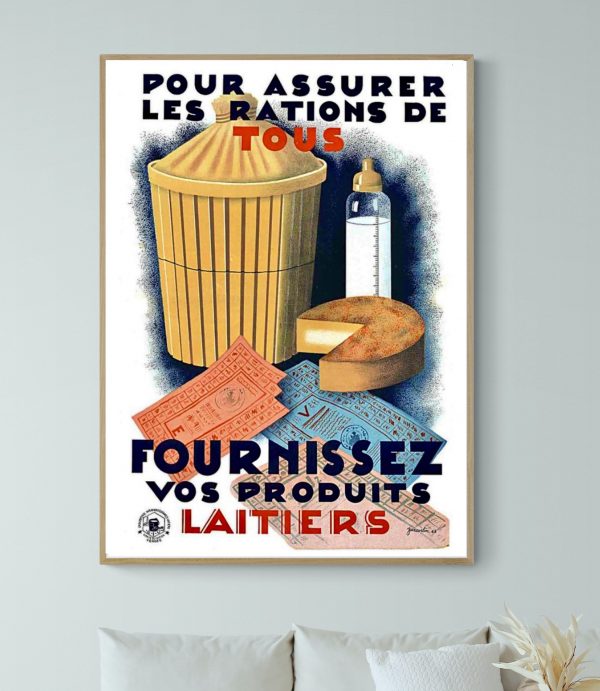 Affiche vintage sur la distribution de produits laitiers pour assurer les rations de tous.