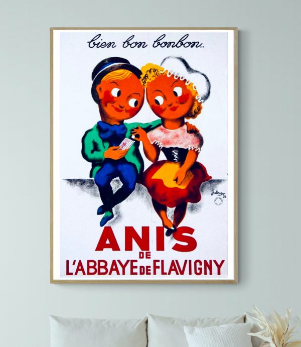 Affiche vintage Anis de l'Abbaye de Flavigny, illustrant un bonbon traditionnel français.