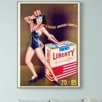 Affiche vintage Liberty Cigarettes avec une femme en costume américain.