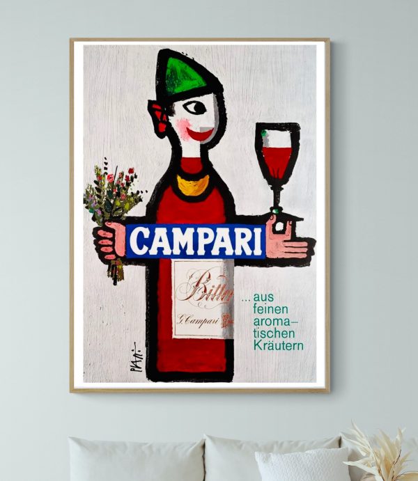 Affiche vintage Campari avec illustration artistique et couleurs vives, idéale pour décoration rétro.