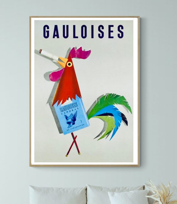 Affiche vintage de Liberty, une publicité pour cigarettes américaines avec un coq coloré.