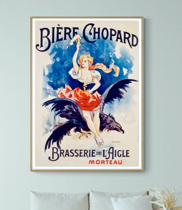 Affiche vintage de bière Chopard avec une femme et un aigle, style rétro, décoration pour bar ou cui.