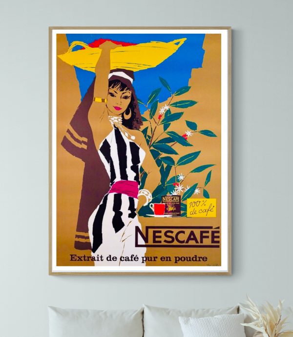 Affiche vintage Anis de l'Abbaye de Flavigny, mettant en valeur un bonbon et une tasse de café NESCA.