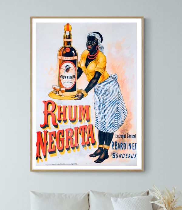 Affiche vintage Campari avec femme africaine et bouteille de rhum Negrita.