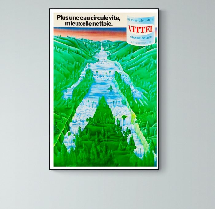 Affiche Vittel, plus une eau circule vite, mieux elle nettoie