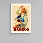 Affiche vintage Porto Barros, illustration rétro d'une femme souriante avec des fruits, style vintag.