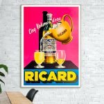 Affiche vintage Ricard avec un pichet et deux verres de pastis.