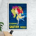 Affiche vintage Campari avec femme aux cheveux en raisins multicolores, style rétro et vibrant.