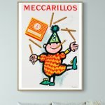 Affiche vintage Meccarillos avec personnage joyeux et éléments en bois.