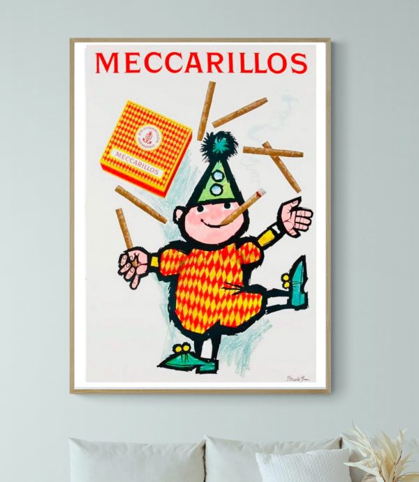 Affiche vintage Meccarillos avec personnage joyeux et éléments en bois.