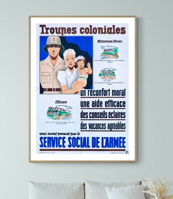 Affiche vintage pour le Service Social de l'Armée, avec illustration de soldats et famille.