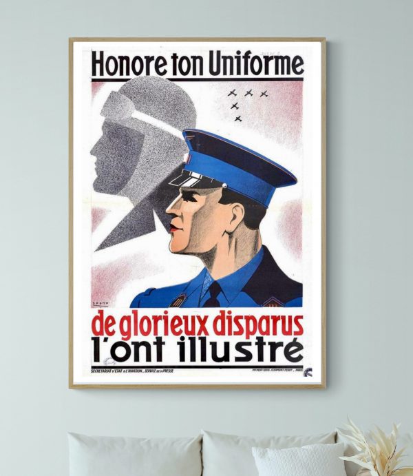 Affiche vintage de style militaire avec un soldat en uniforme bleu et un casque, hommage à l'uniform.