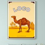 Affiche vintage avec un chameau dans un décor désertique, style rétro.