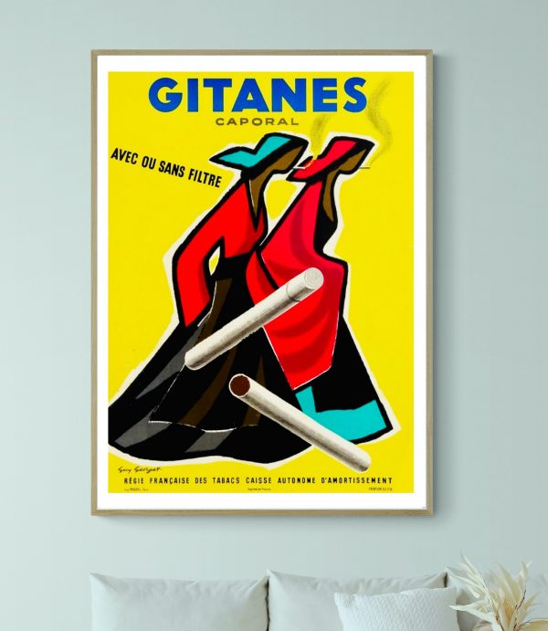 Affiche vintage Gitanes avec cigarettes et logo coloré.