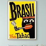 Affiche vintage colorée pour le tabac Brésil, avec un design rétro et un personnage stylisé.