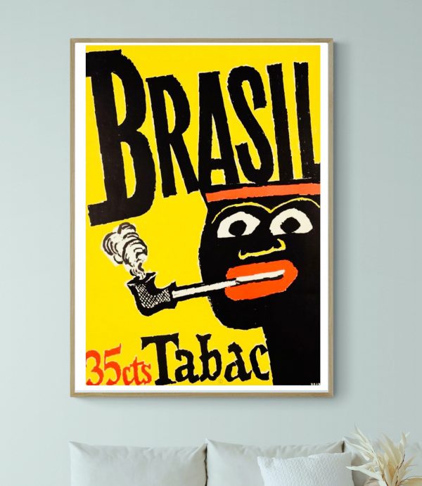 Affiche vintage colorée pour le tabac Brésil, avec un design rétro et un personnage stylisé.