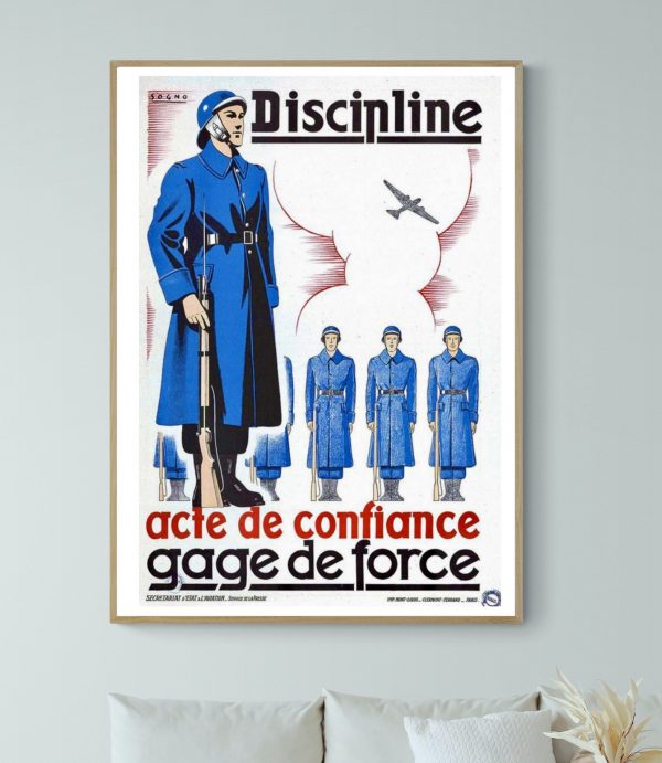 Affiche vintage de discipline militaire avec soldats en uniforme bleu.