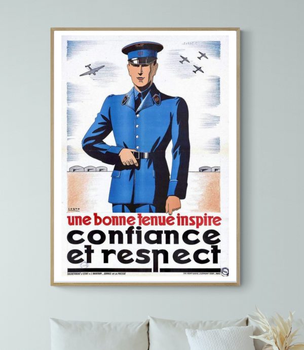 Affiche vintage de style militaire avec un officier en uniforme bleu.