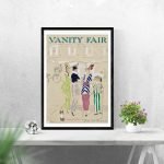 Affiche vintage "Vanity Fair" avec personnages élégants en tenue rétro, évoquant le style classique.