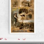 Affiche vintage de Tho's W Keene Hamlet, illustrant des scènes théâtrales historiques.