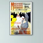 Affiche vintage du Moulin Rouge avec La Goulue, célèbre danseuse de cabaret parisien.