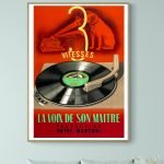 Affiche vintage de 3 Vitesses, la Voix de son Maitre, avec un tourne-disque et un chien.