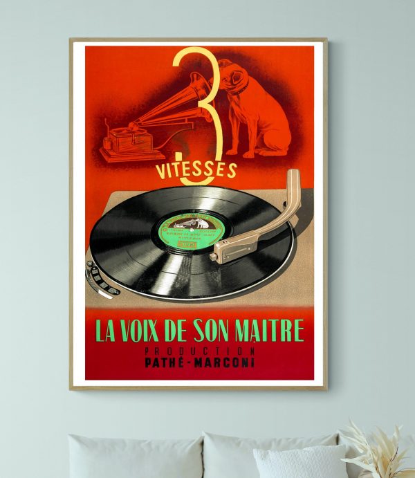 Affiche vintage de 3 Vitesses, la Voix de son Maitre, avec un tourne-disque et un chien.