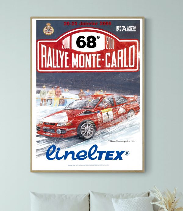 Affiche vintage du Rallye Monte-Carlo 2000, édition 68e, avec voiture de course rouge Marlboro.